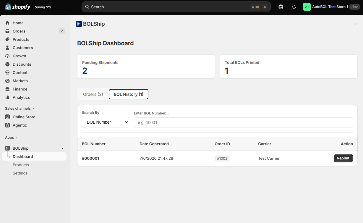 BOL history tab showing generated BOL with date, order ID, carrier, and a Reprint button