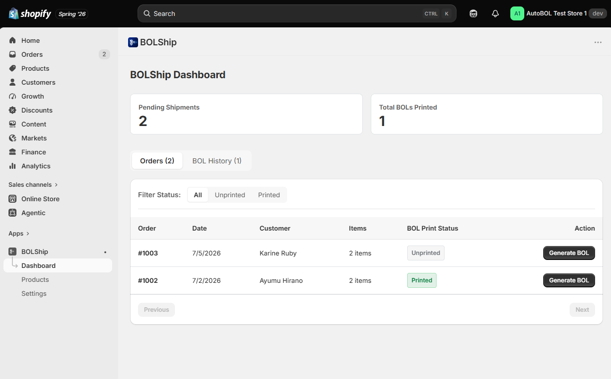 BOLShip dashboard inside Shopify Admin showing unfulfilled orders with Generate BOL buttons