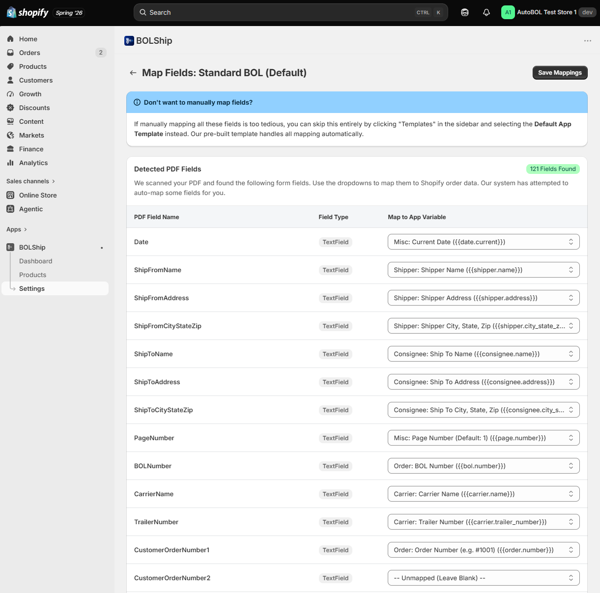 Field mapping interface showing detected PDF fields auto-mapped to Shopify order variables