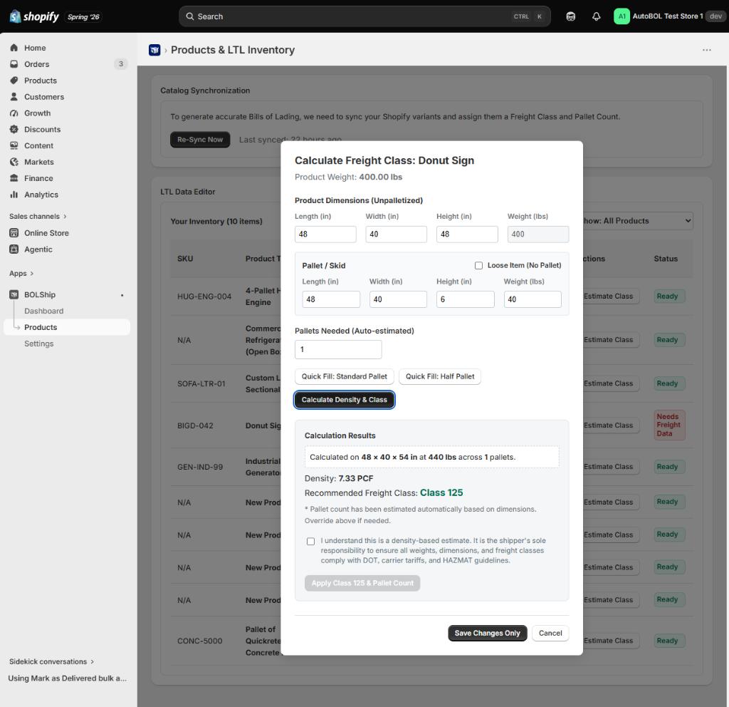 Freight class calculator modal showing density of 7.33 PCF and recommended Class 125