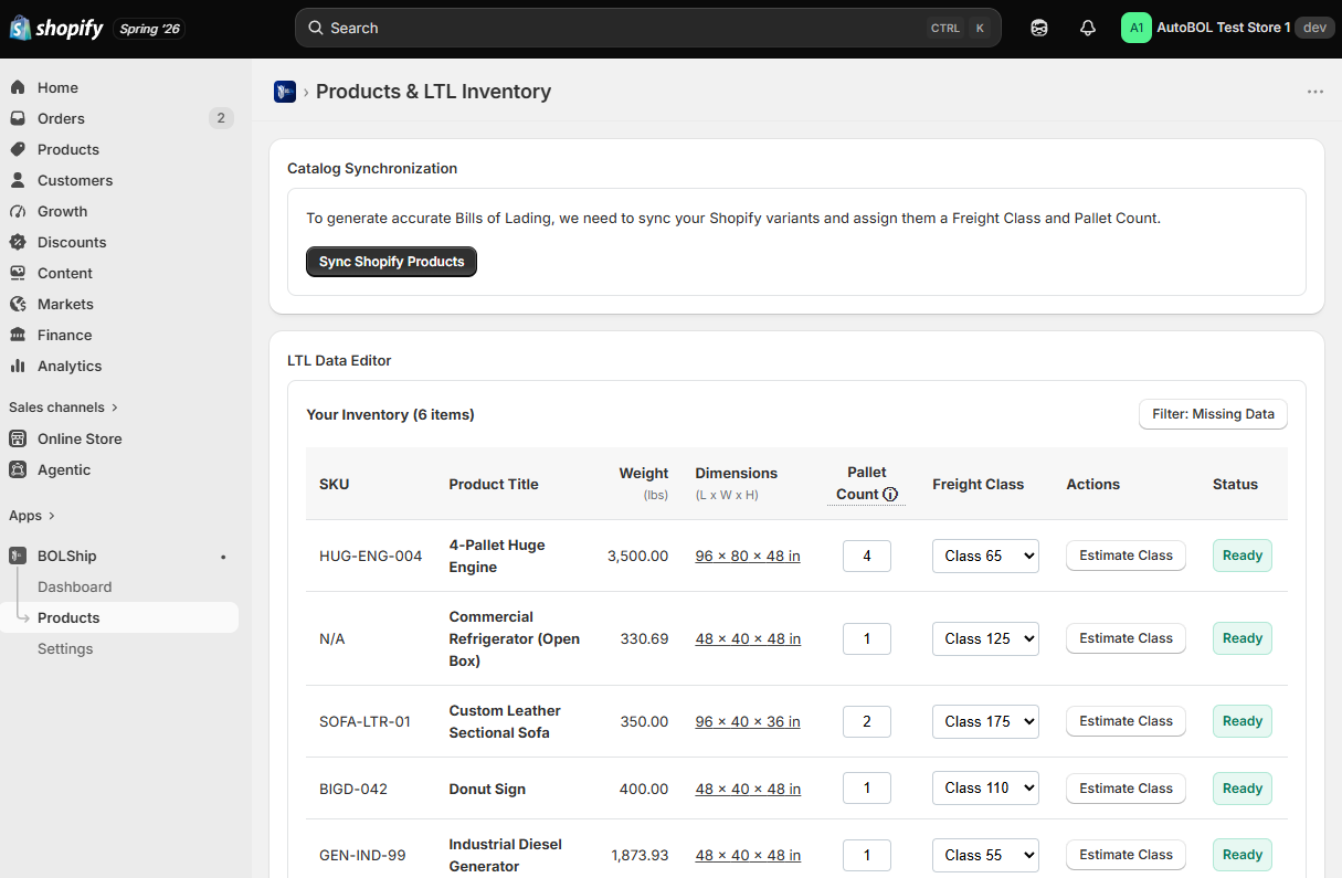 Products and LTL inventory editor showing SKUs with weights, dimensions, freight classes, and pallet counts