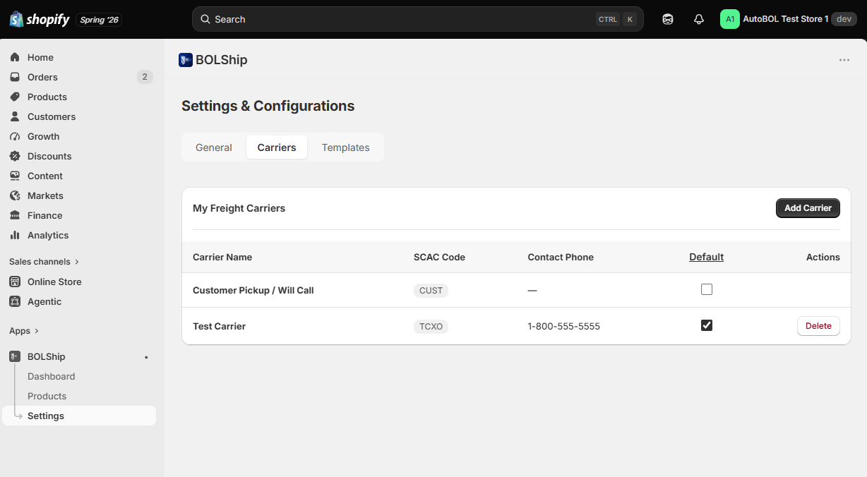 Carrier management table showing carriers with SCAC codes and a default toggle